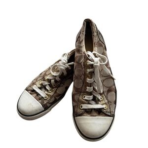 COACH Women’s Barrett Monogram Logo Brown and Gold Patterned Sneakers Size 10
